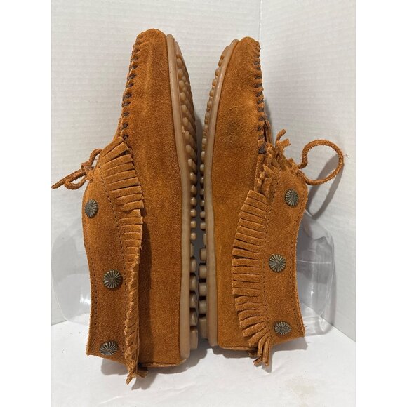 Minnetonka Fringe Moccasin Flats Leather Booties Women's 8.5 Brown Suede Studded - Picture 4 of 7